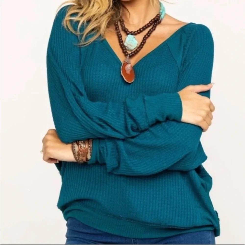 We The Free People Santa Clara Boho Teal blue long sleeve  Thermal Knit Top